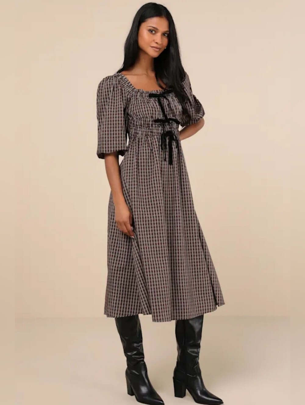 Lulus | Brown Plaid Puff-Sleeve Midi Dress with Tie Front